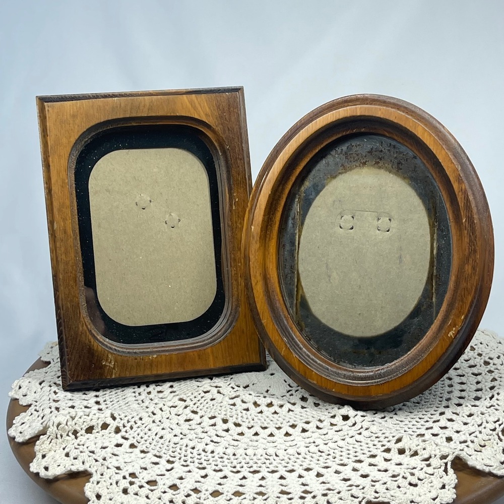 Vintage Wood Photo Frame Set Oval and Rectangle 4x6 Tabletop Easel Back Brown